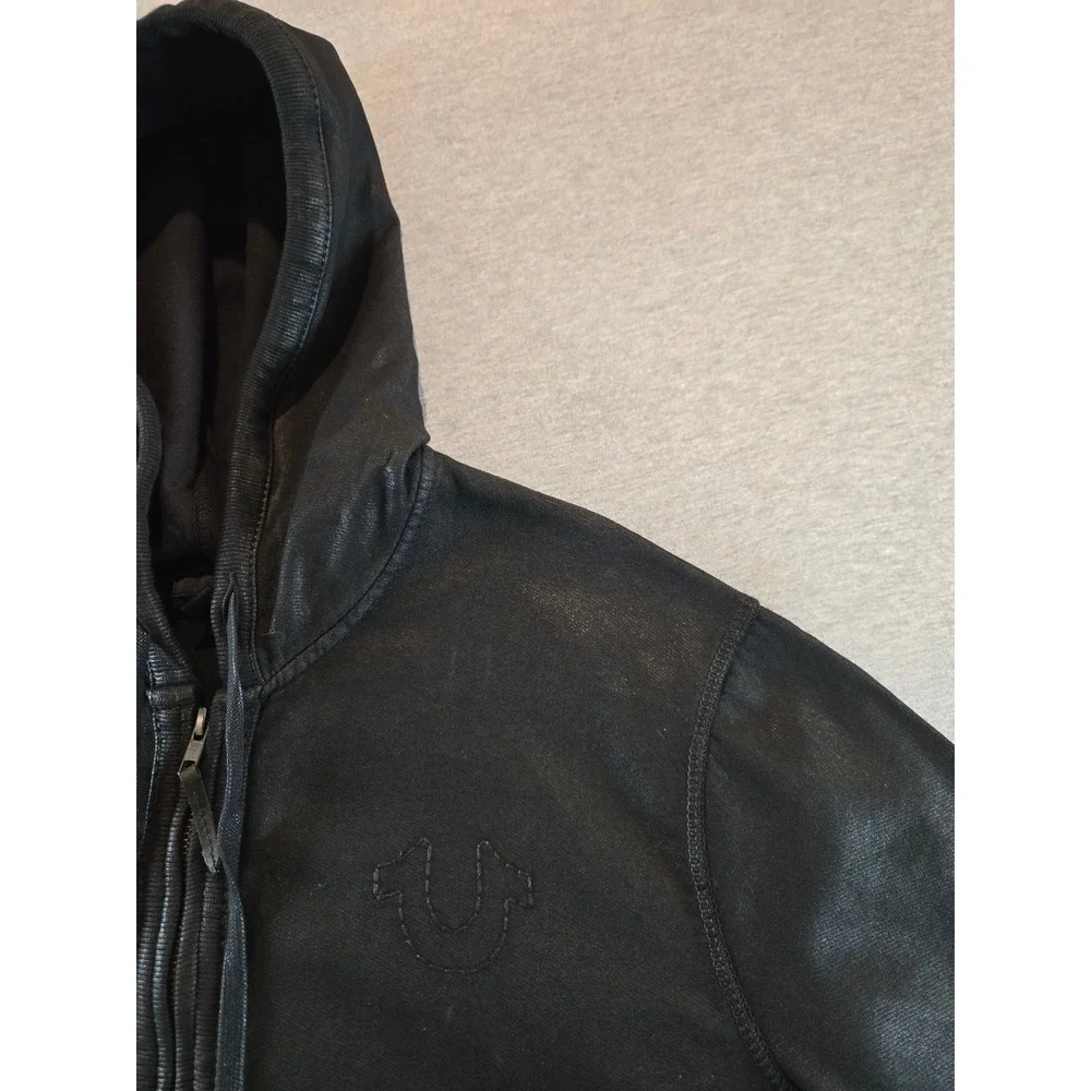 True Religion Hoodie Mens Large Black Coated Waxed Full Zip Horseshoe Logo Moto